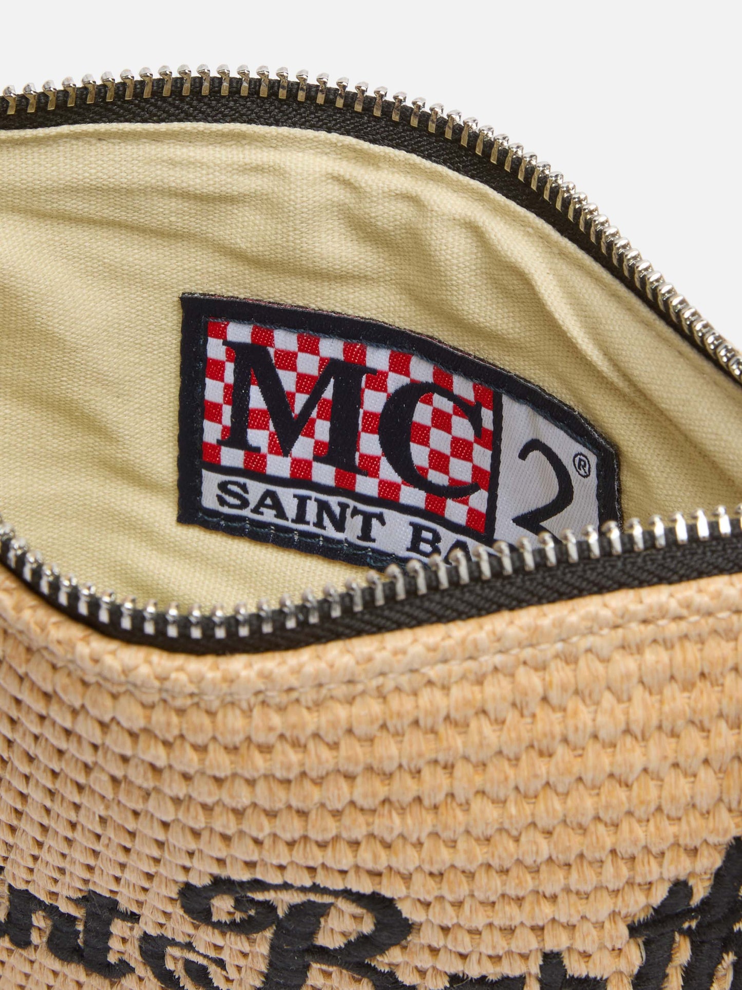 Beigefarbene Mini-Beuteltasche aus Parisienne-Stroh