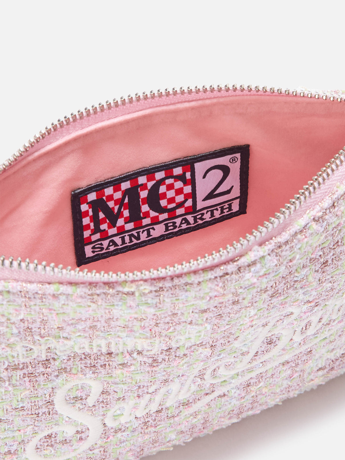 Borsa a spalla Mini Parisienne rosa in tweed con ricamo logo