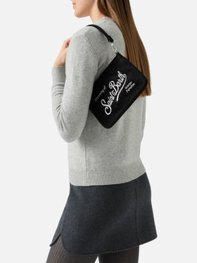 Borsa a spalla Mini Parisienne nera in velluto con ricamo logo