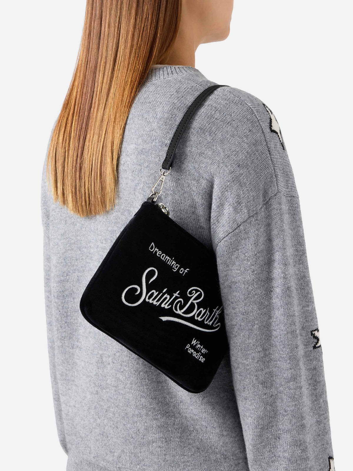 Bolso de hombro Black Mini Parisienne de terciopelo con bordado del logotipo 