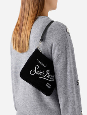 Bolso de hombro Black Mini Parisienne de terciopelo con bordado del logotipo 