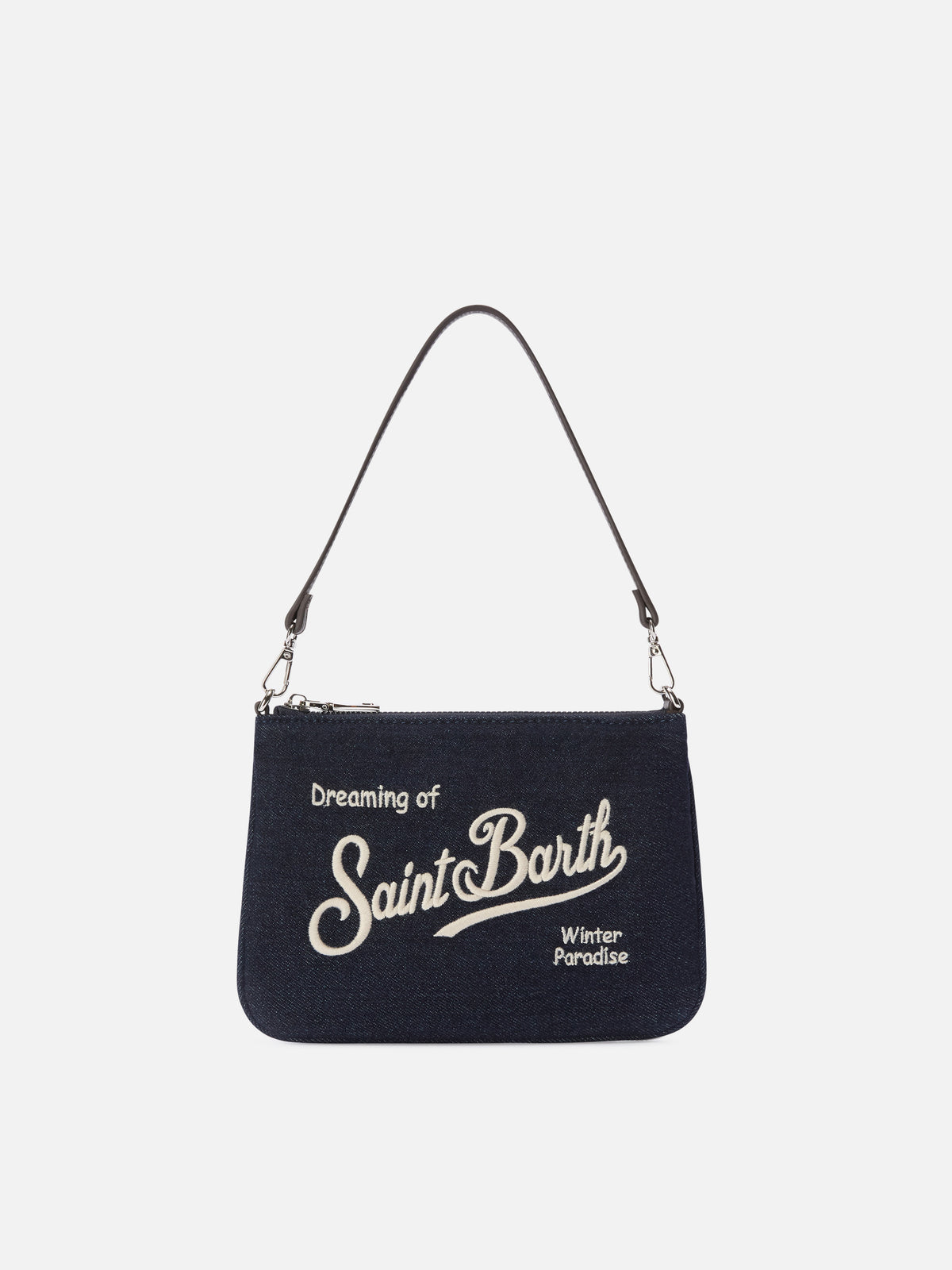 Blue Mini Parisienne denim shoulder bag with logo embroidery