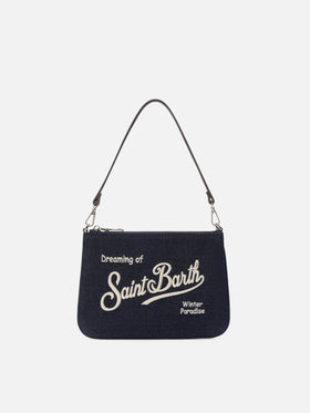 Blue Mini Parisienne denim shoulder bag with logo embroidery