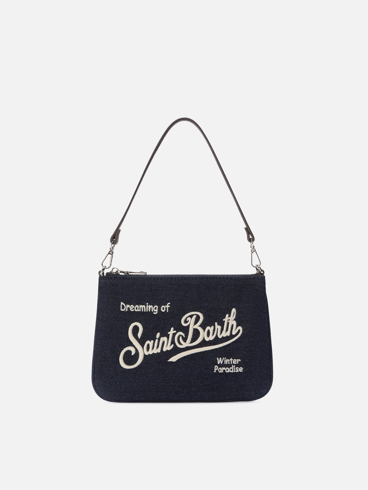 Blue Mini Parisienne denim shoulder bag with logo embroidery