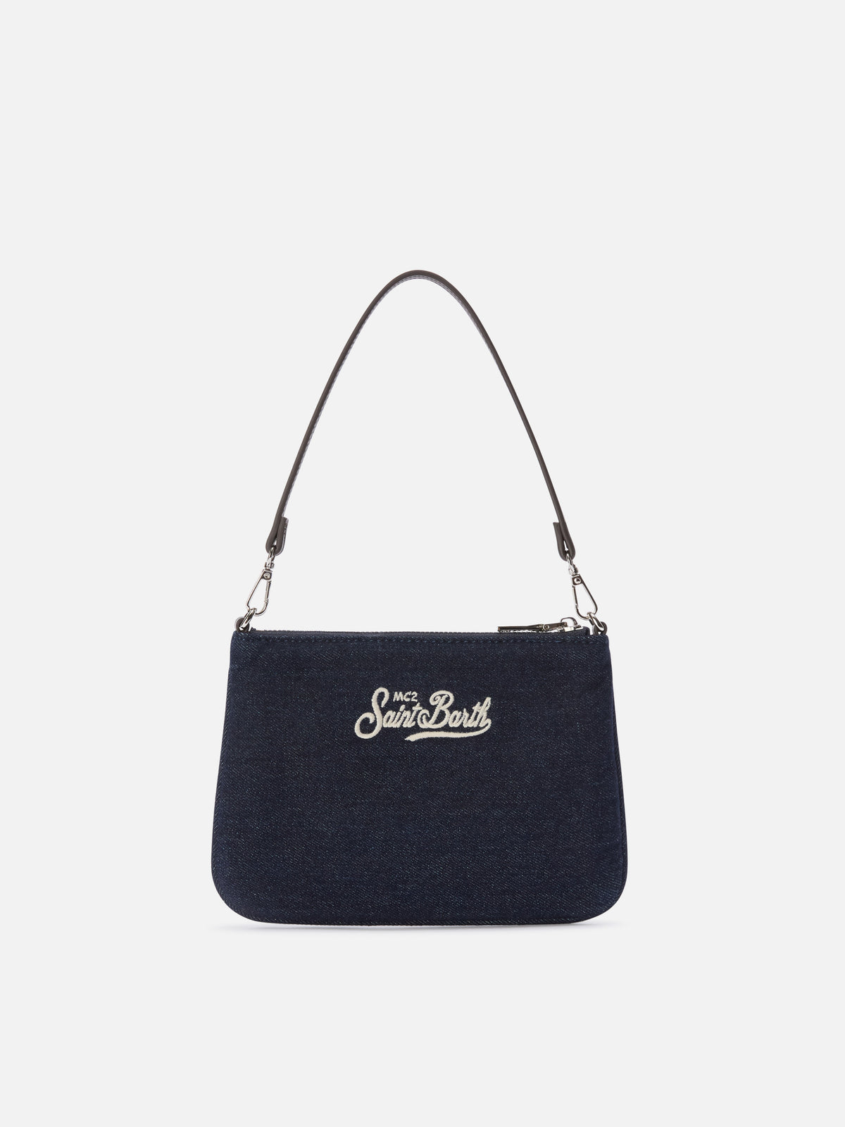 Blue Mini Parisienne denim shoulder bag with logo embroidery