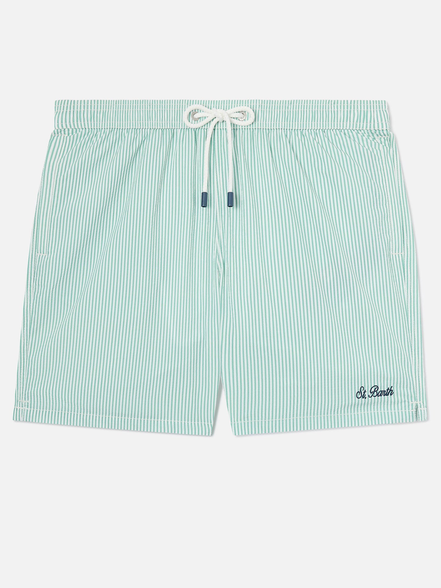 Patmos seersucker striped swim shorts in sage green and white