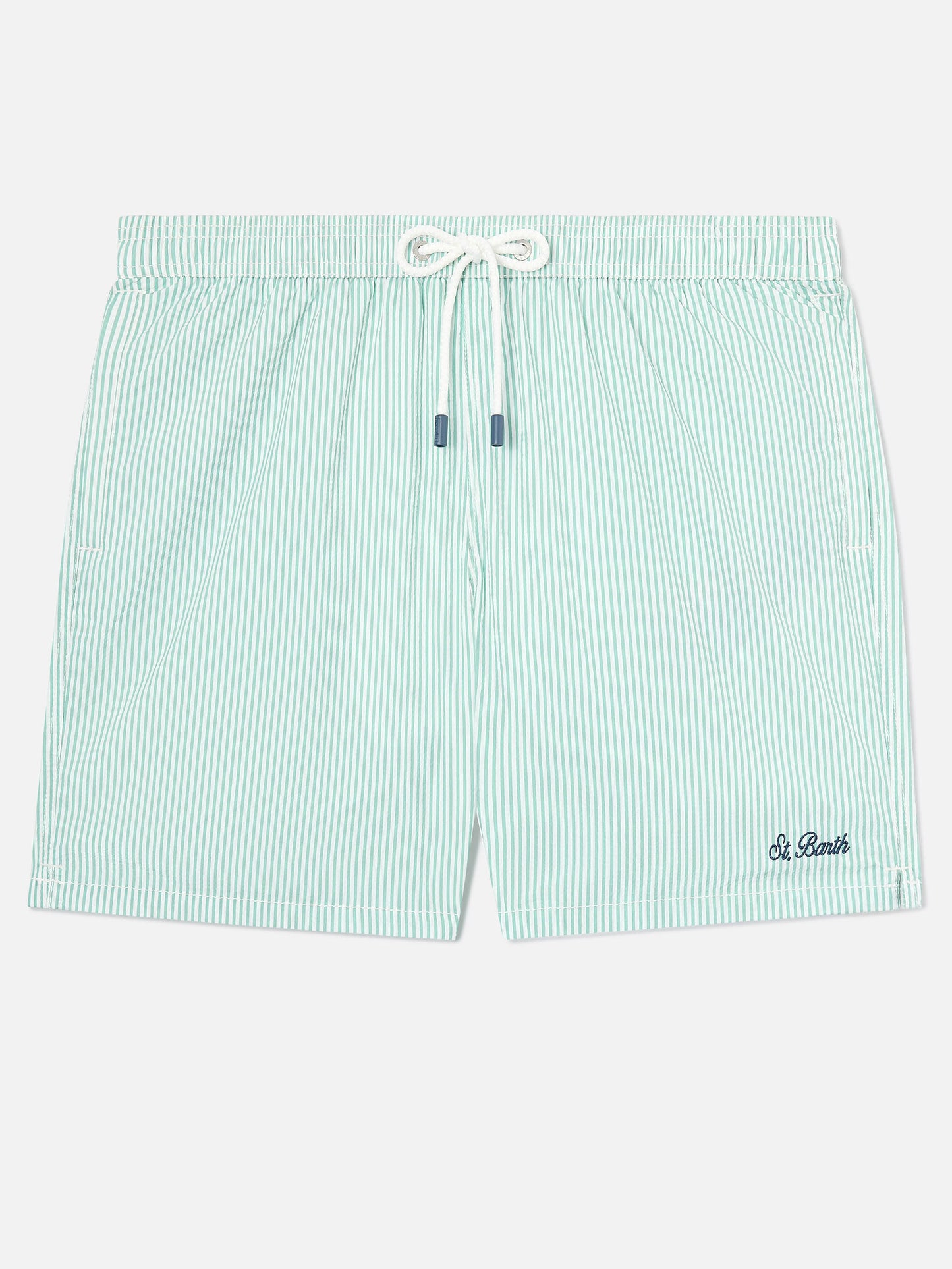 Bañador shorts de seersucker a rayas Patmos en verde salvia y blanco 