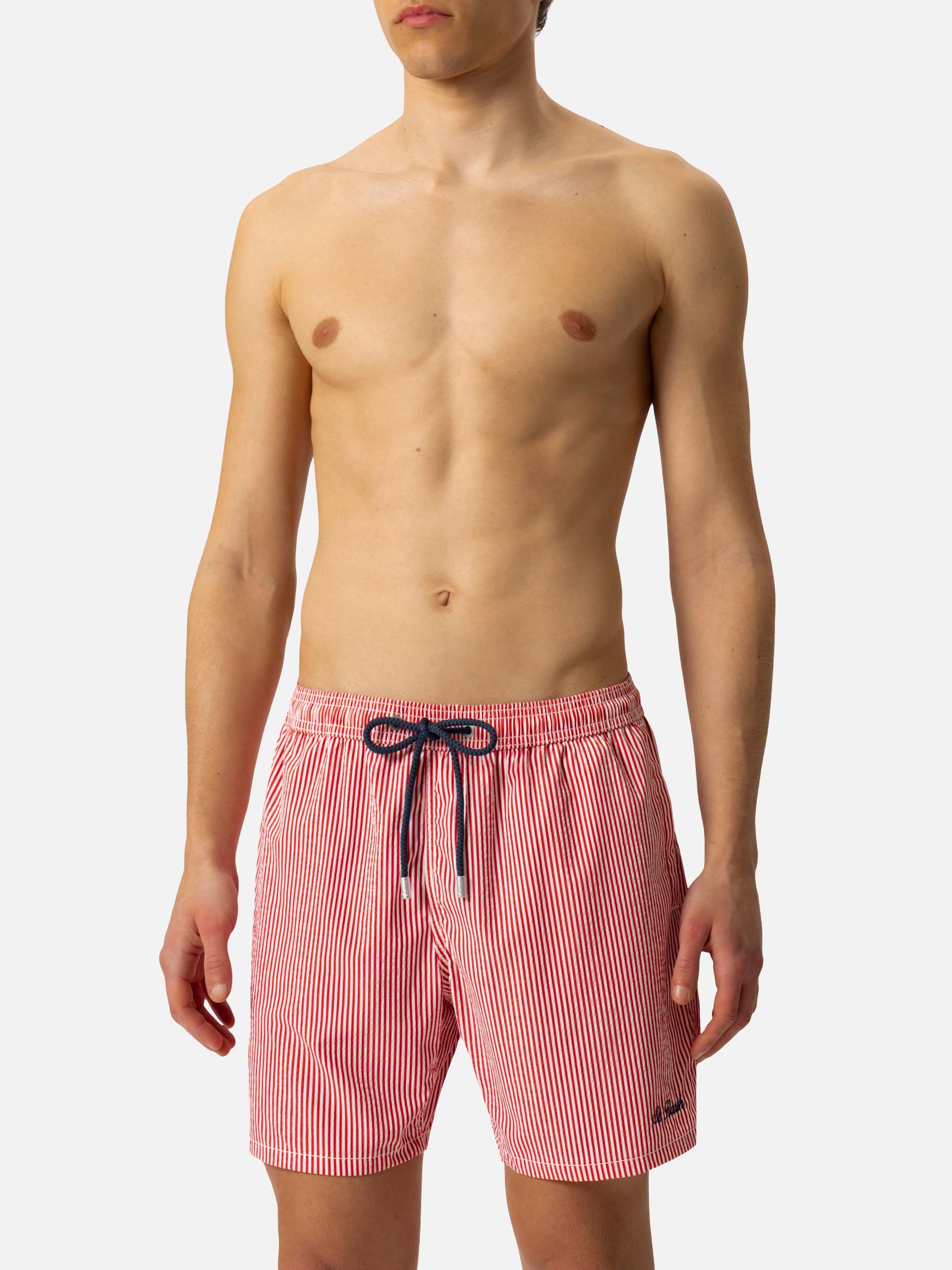Seersucker red striped classic light swim shorts Patmos - MC2 Saint Barth