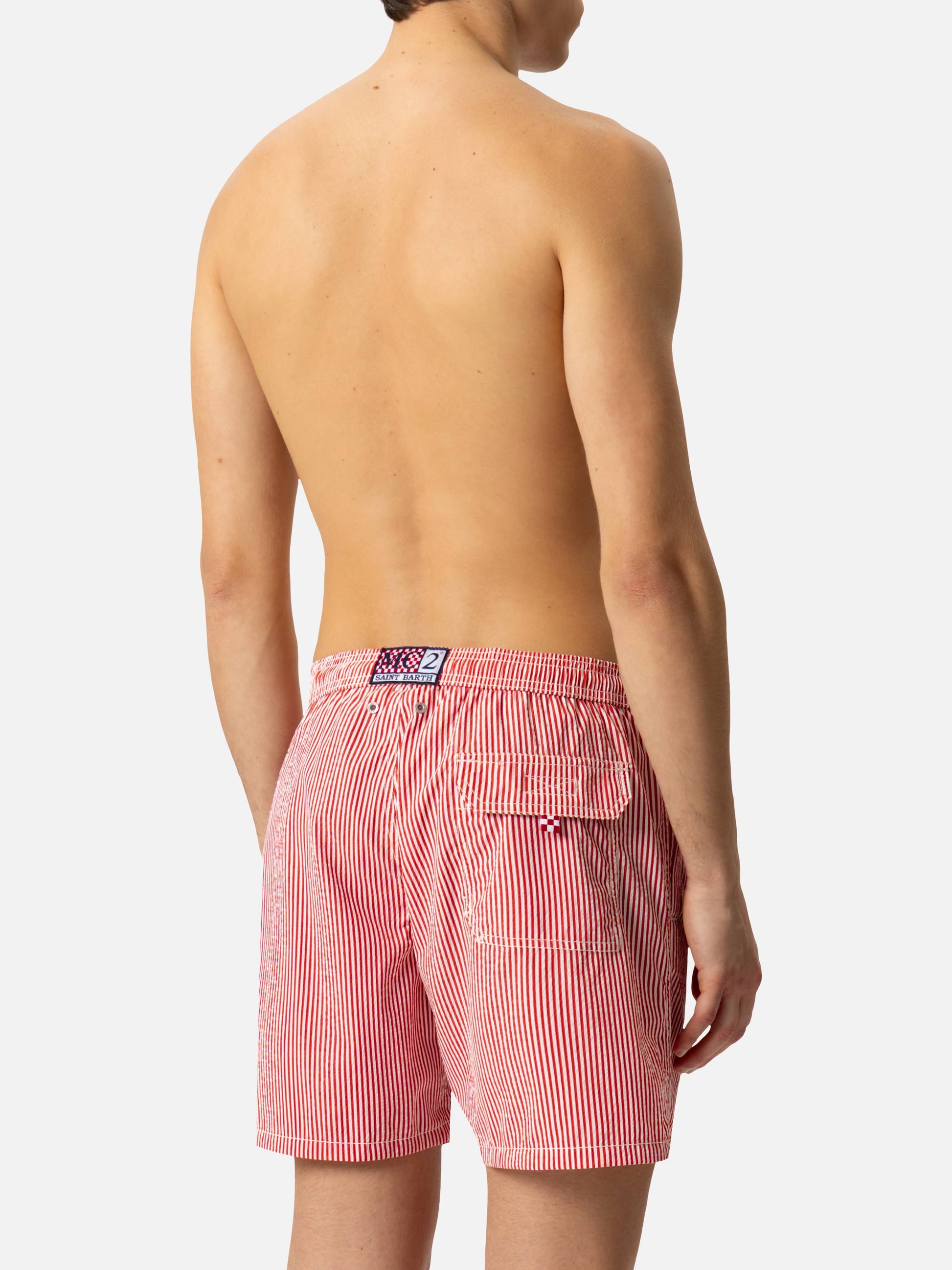 Seersucker red striped classic light swim shorts Patmos - MC2 Saint Barth