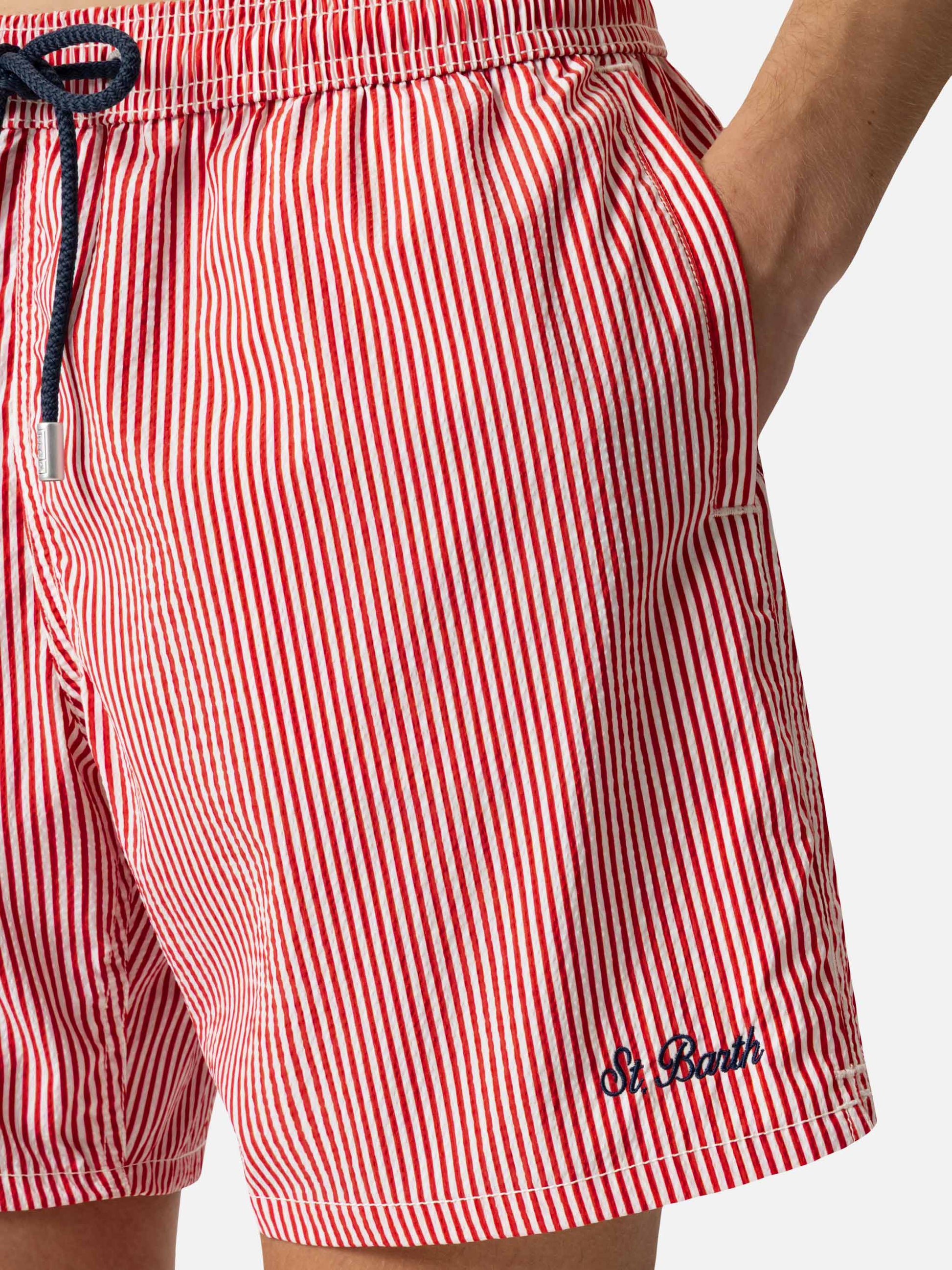 Seersucker red striped classic light swim shorts Patmos - MC2 Saint Barth