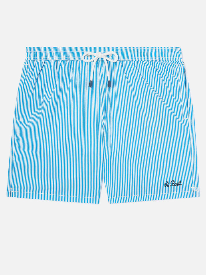 Short de bain rayé en seersucker Patmos en bluette et blanc 