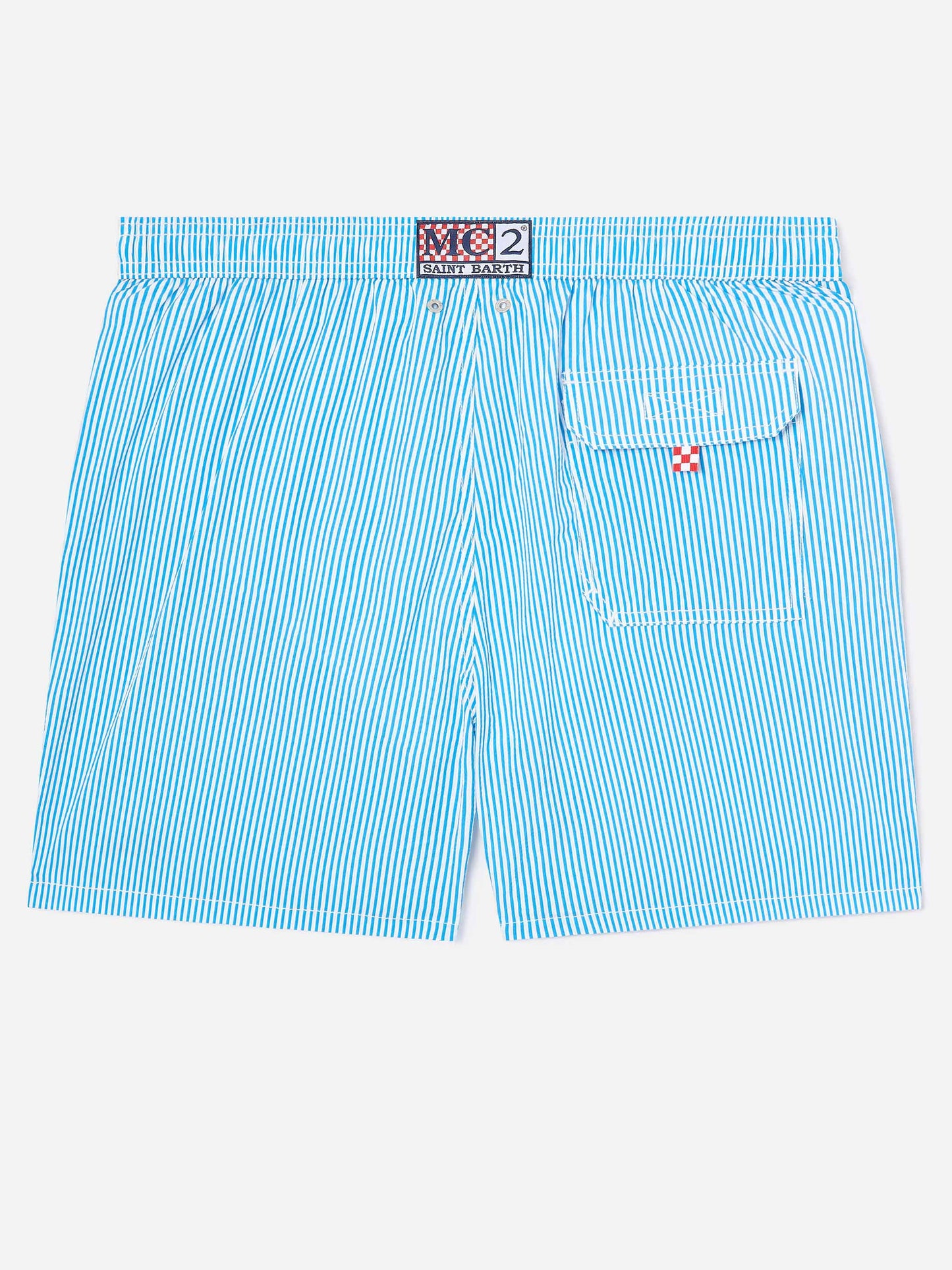 Patmos Seersucker-gestreifte Badeshorts in Bluette und Weiß 