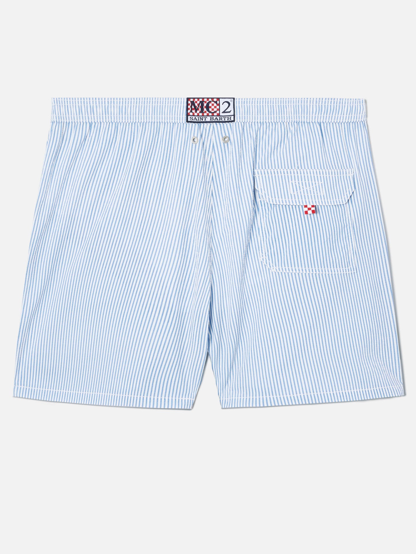 Patmos seersucker striped swim shorts in blue and white