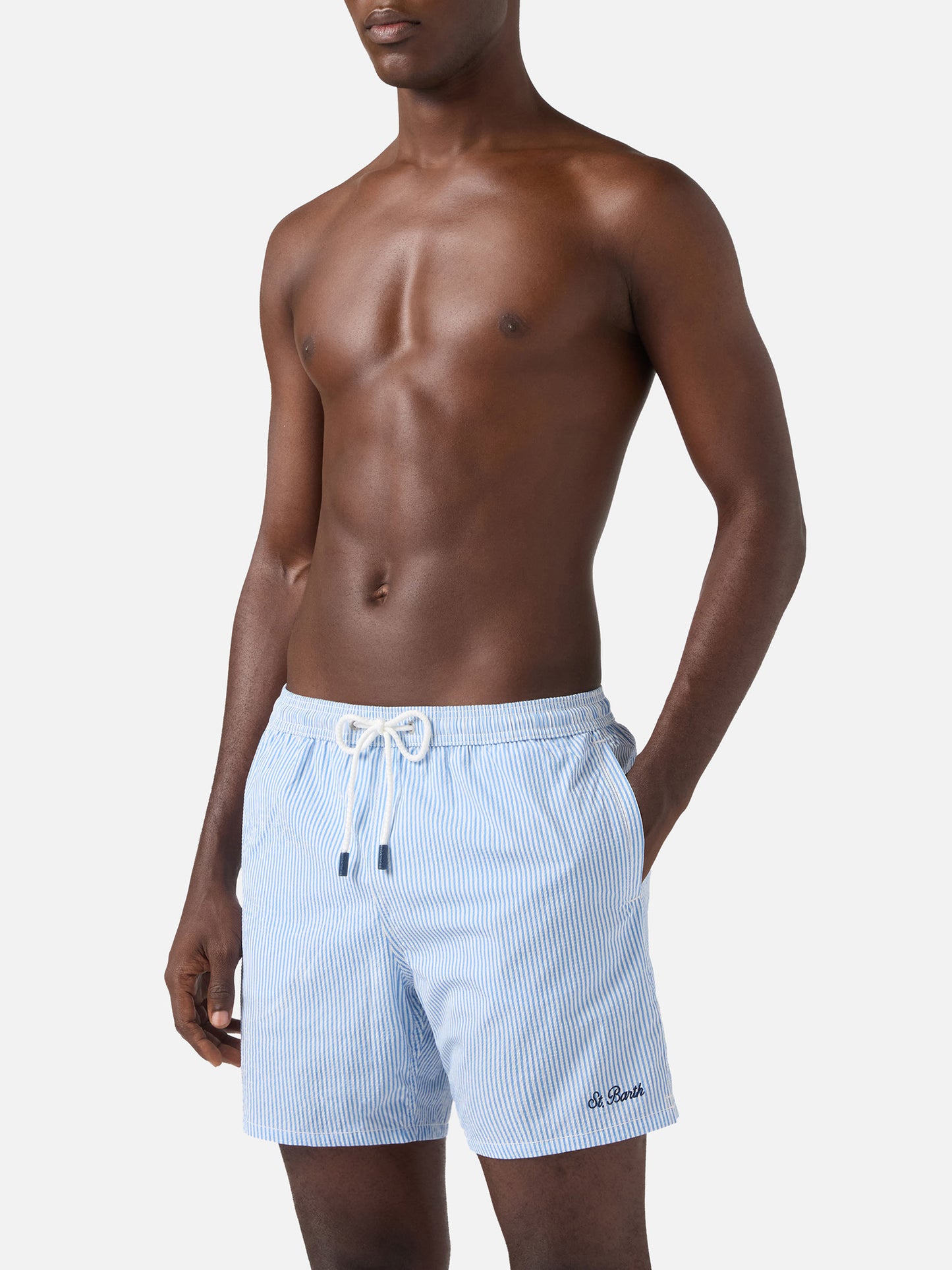Patmos seersucker striped swim shorts in blue and white