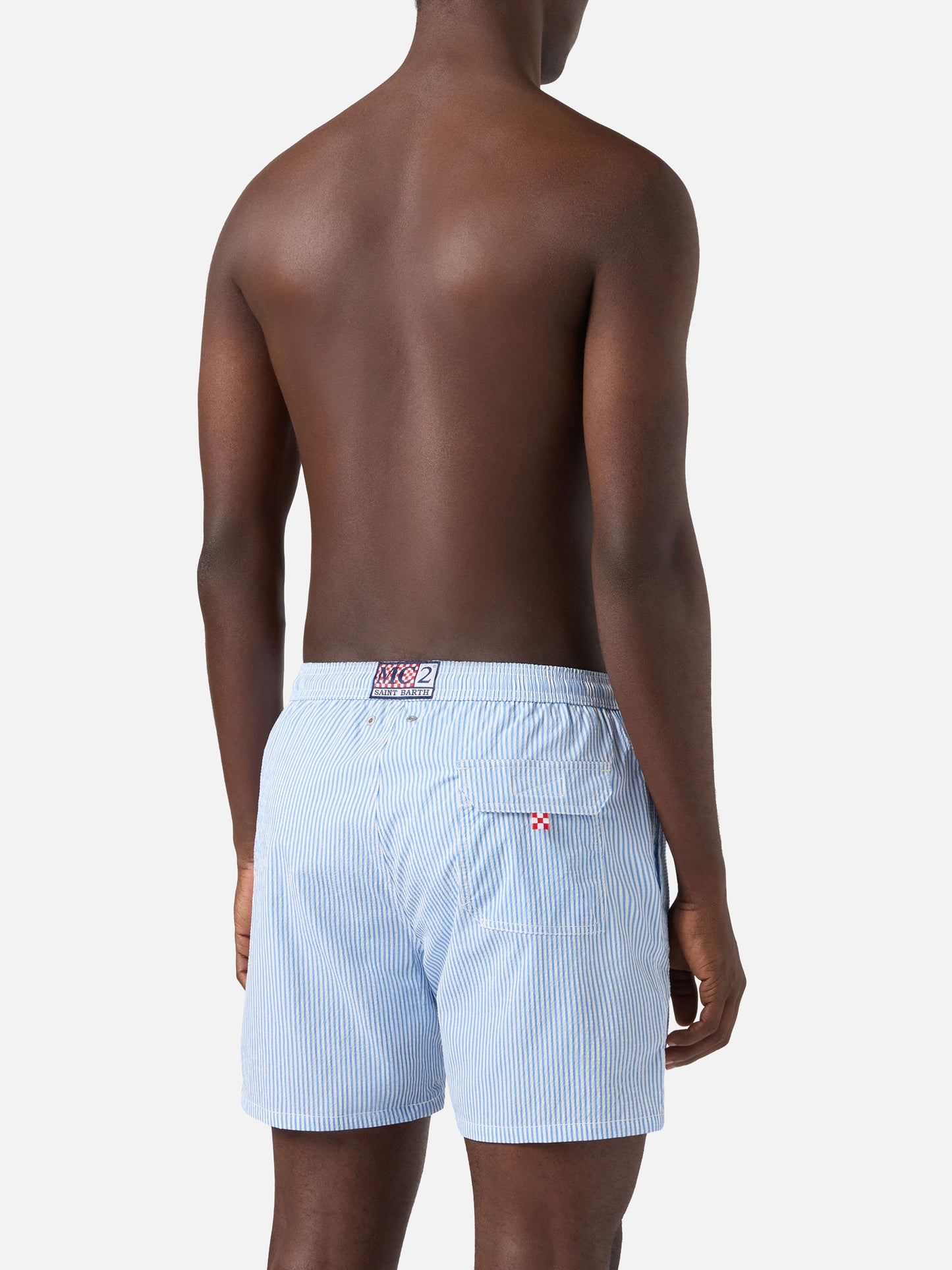 Patmos seersucker striped swim shorts in blue and white