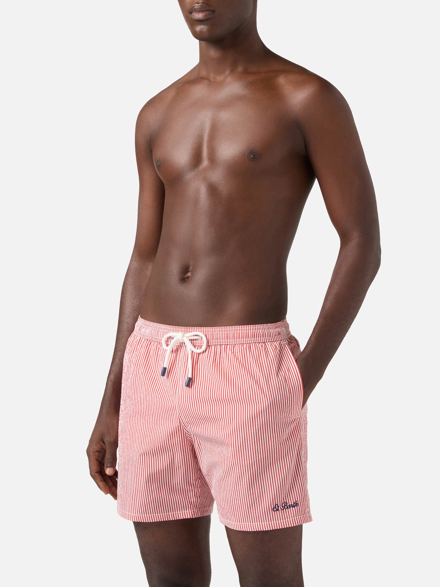 Costume mare Patmos in seersucker rigato rosso e bianco