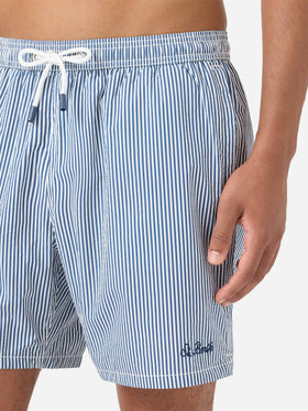 Gestreifte Patmos Badeshorts aus Seersucker in Navyblau und Weiß 