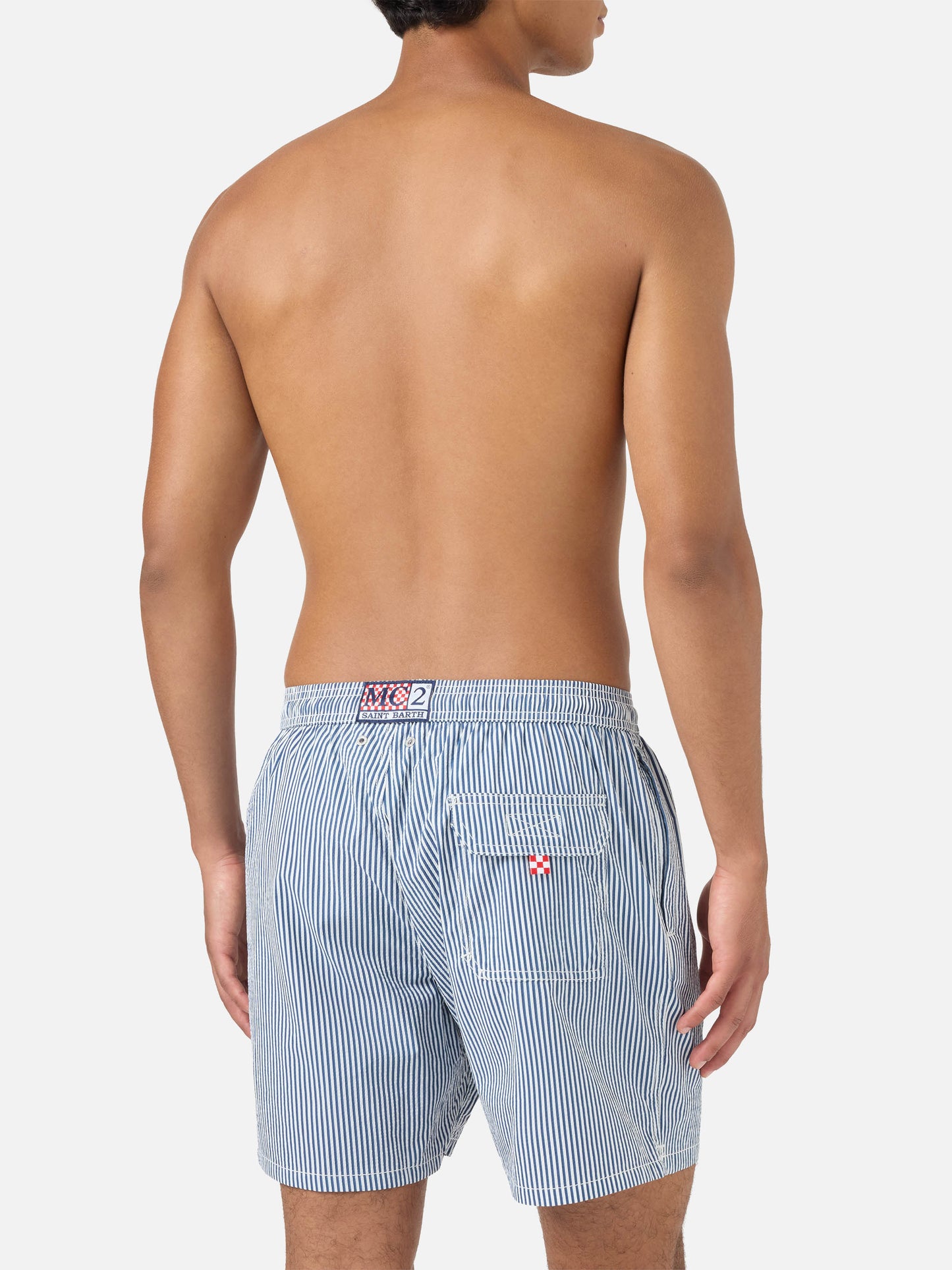 Gestreifte Patmos Badeshorts aus Seersucker in Navyblau und Weiß 