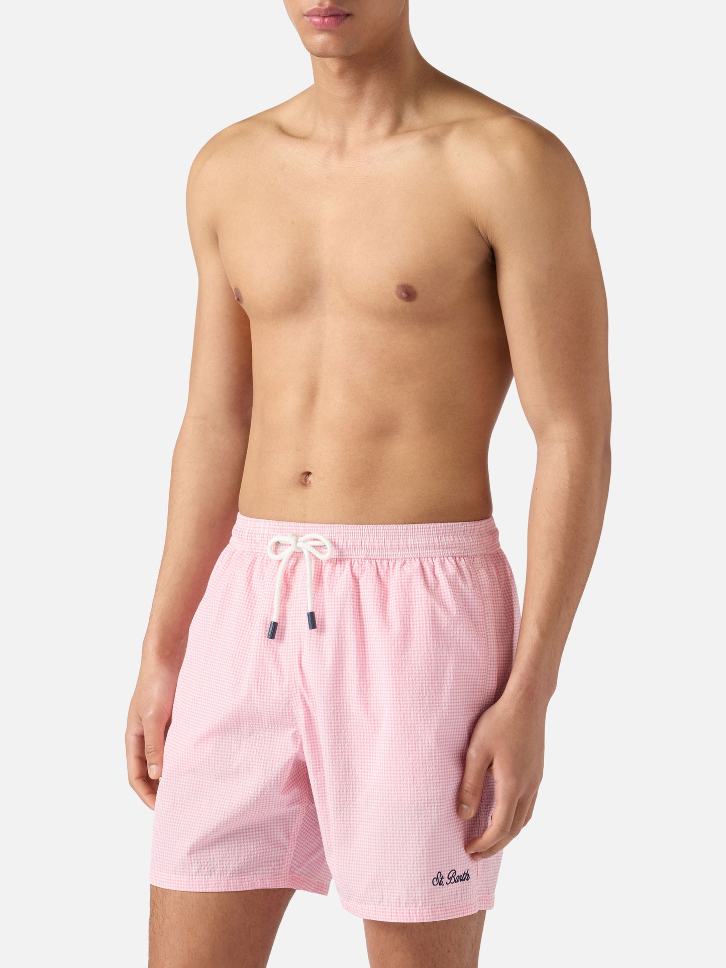 Patmos seersucker gingham swim shorts in pink and white