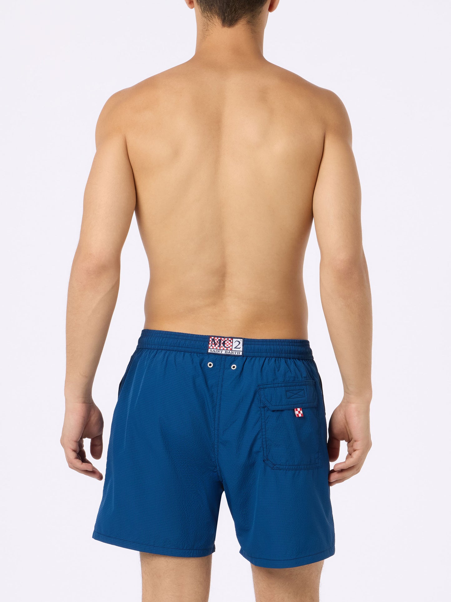 Patmos marineblaue Seersucker-Badeshorts