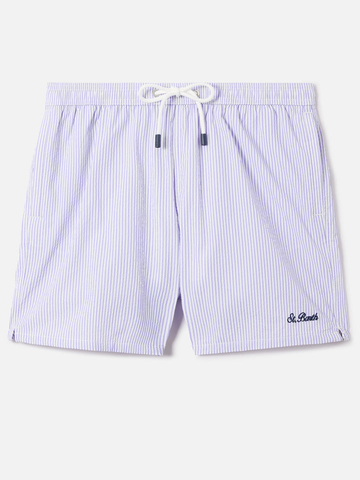 Patmos seersucker striped swim shorts in lilac and white