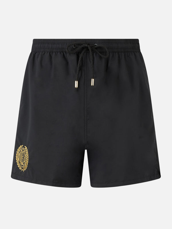 Man black mid-length swim shorts Patmos with Milan 125 embroidery | AC MILAN 125 SPECIAL EDITION