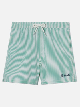 Patmos Jr seersucker swim shorts striped with St. Barth embroidery