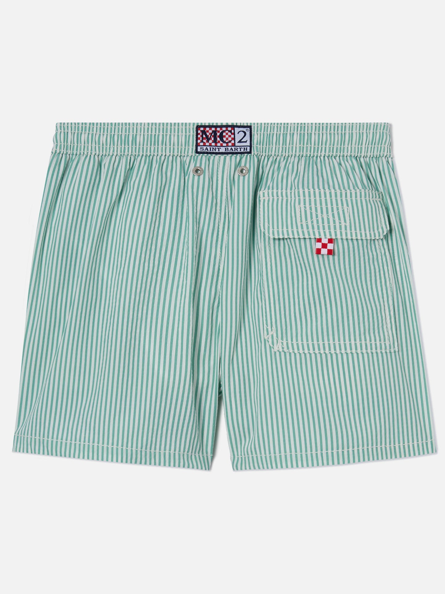 Short de bain Patmos Jr en seersucker rayé avec broderie St. Barth 