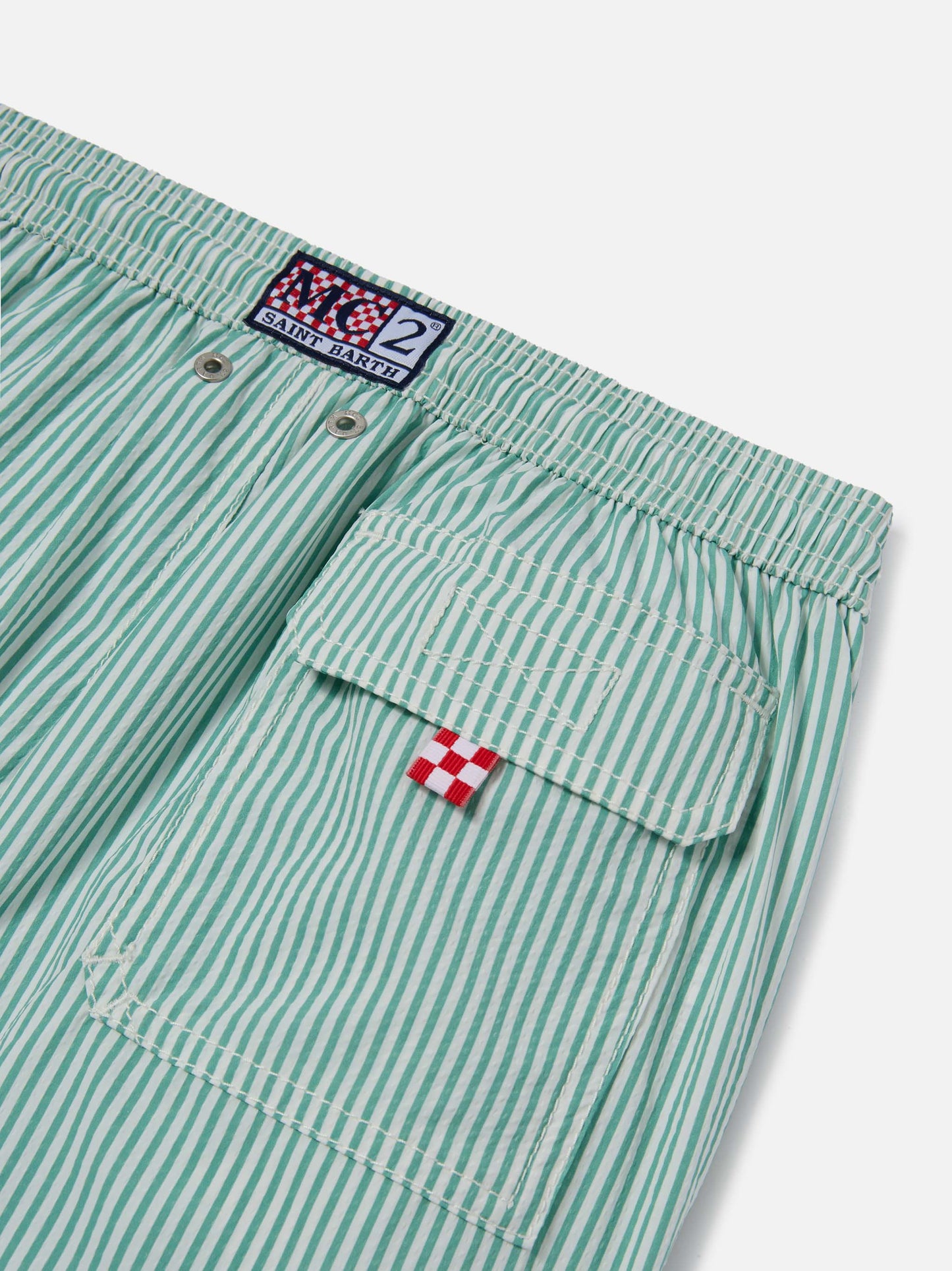 Patmos Jr seersucker swim shorts striped with St. Barth embroidery