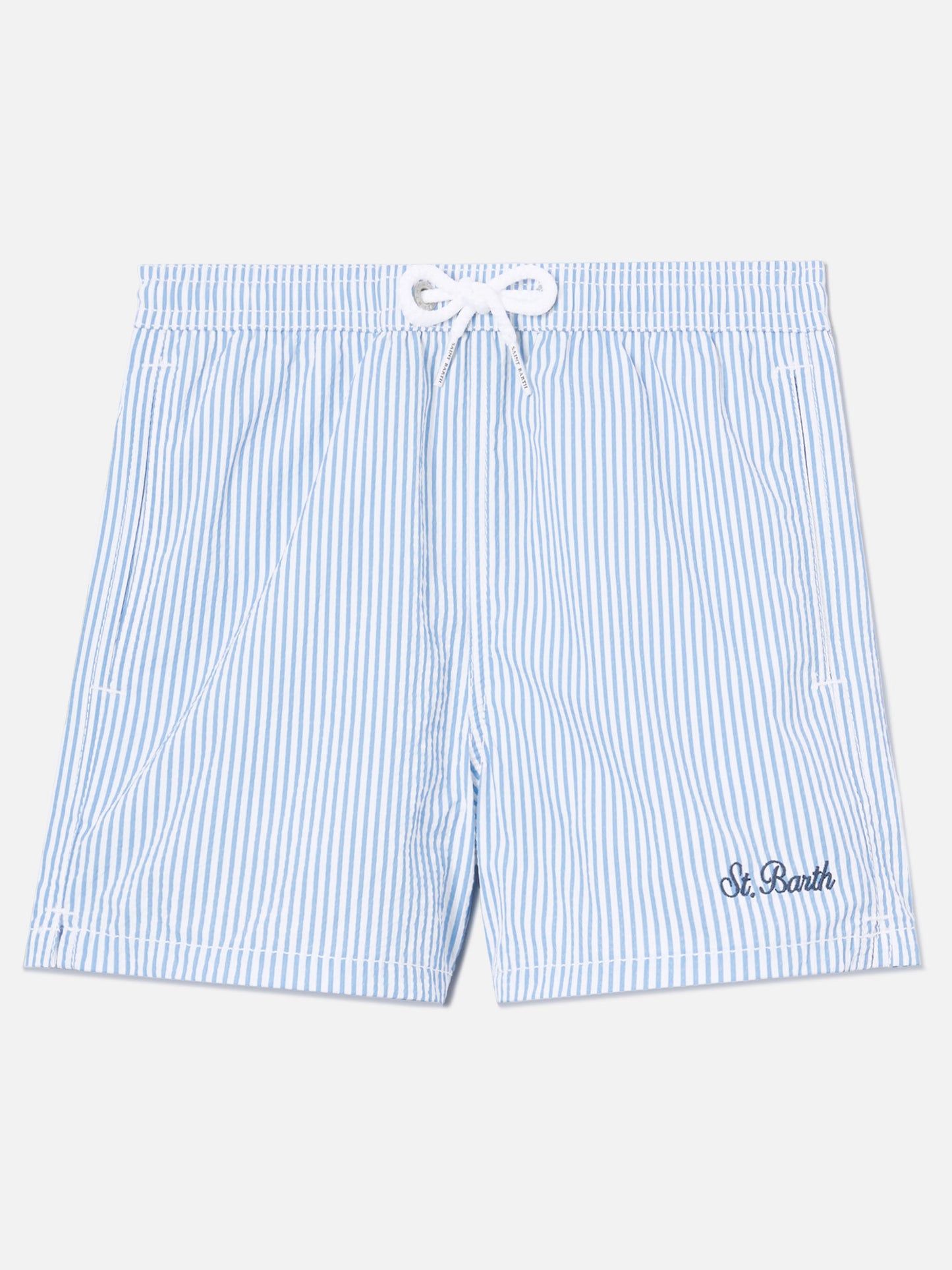 Patmos Jr seersucker swim shorts striped with St. Barth embroidery