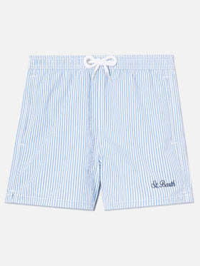 Patmos Jr seersucker swim shorts striped with St. Barth embroidery
