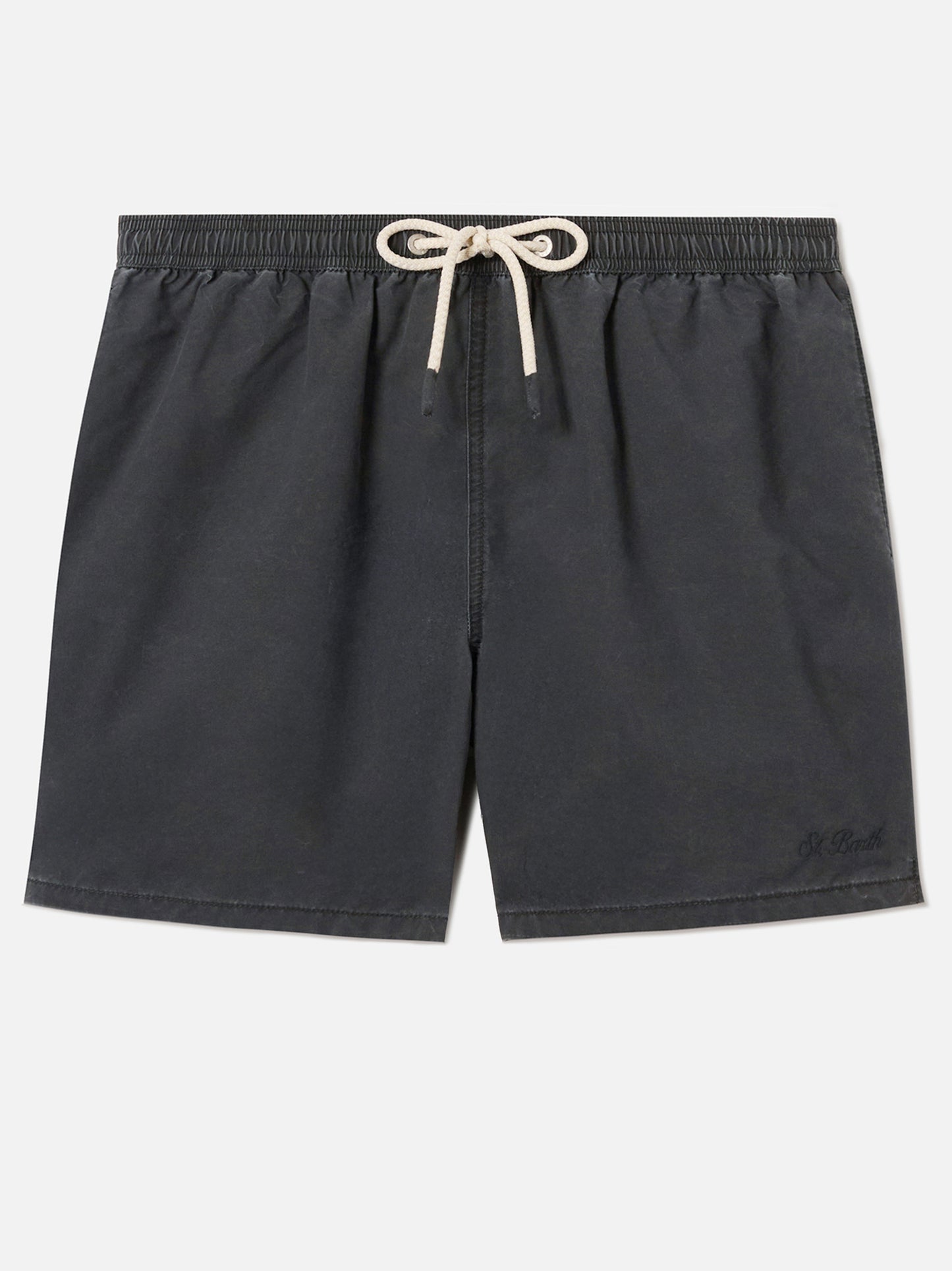 Patmos swim shorts in black with used effect and logo embroidery