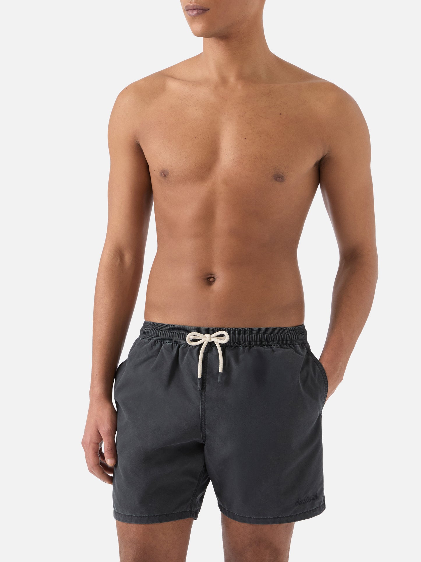 Costume mare Patmos nero con effetto used e ricamo logo