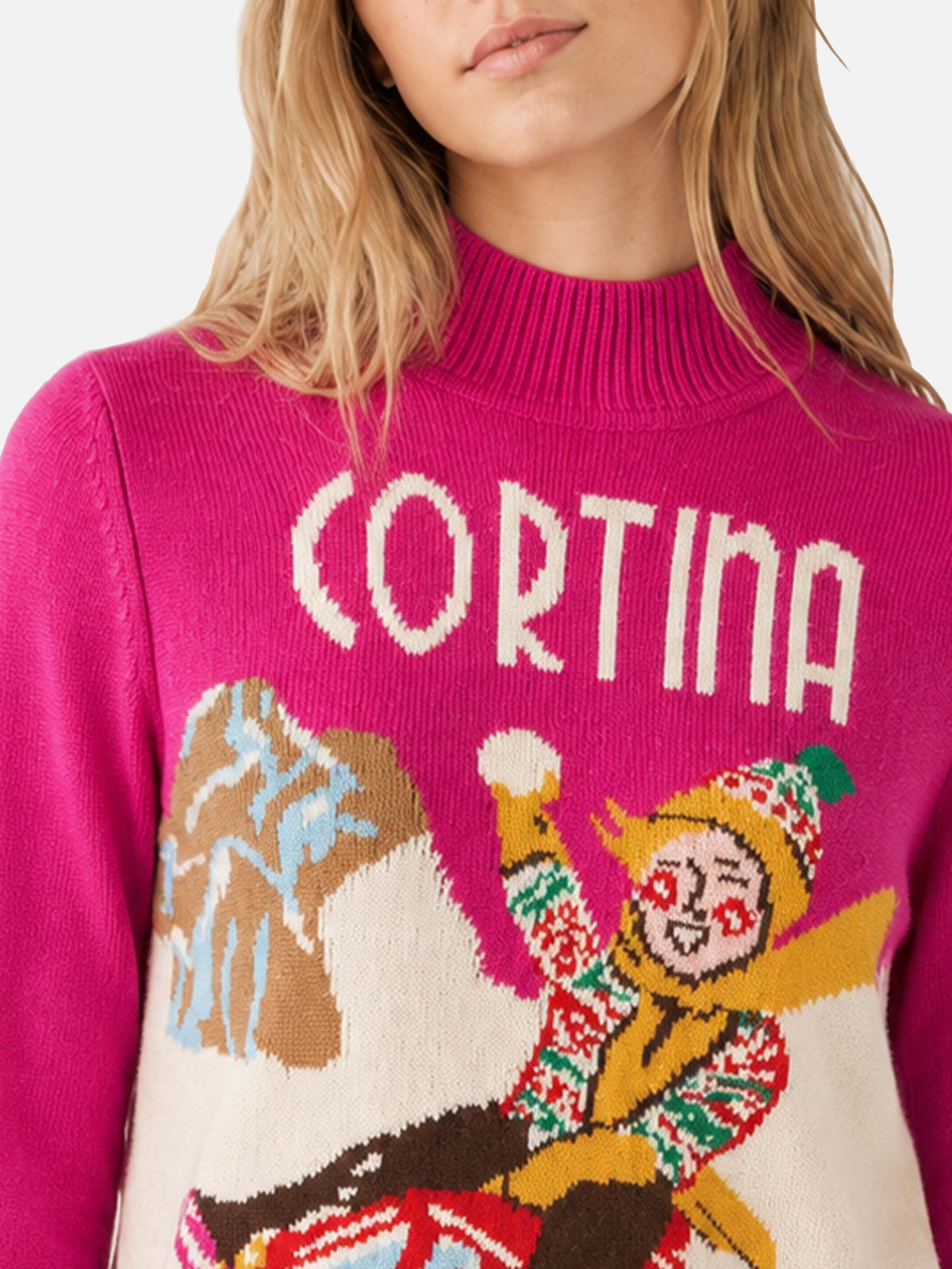 Fuchsia Peak sweater with Cortina print