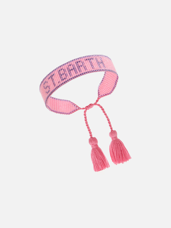 Pink and purple fabric bracelet with St. Barth beaded lettering