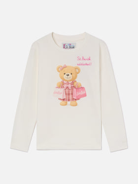 T-shirt Penny bianca a manica lunga in cotone organico con stampa orsetto