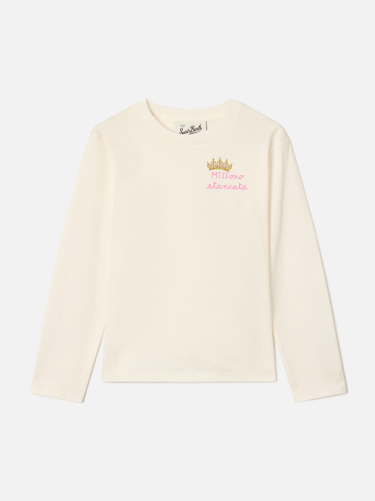 Langärmliges T-Shirt aus creamfarbenem Baumwolljersey mit Miss Sono Stancata-Stickerei 