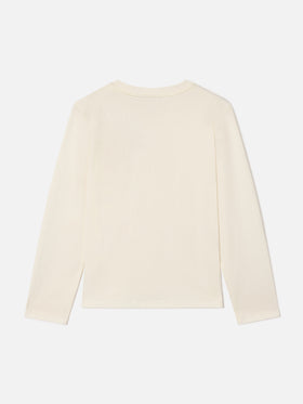 Langärmliges T-Shirt aus creamfarbenem Baumwolljersey mit Miss Sono Stancata-Stickerei 
