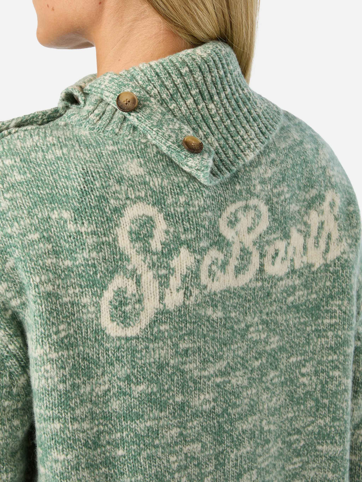 Sage Philomene turtleneck wool knit with logo embroidery