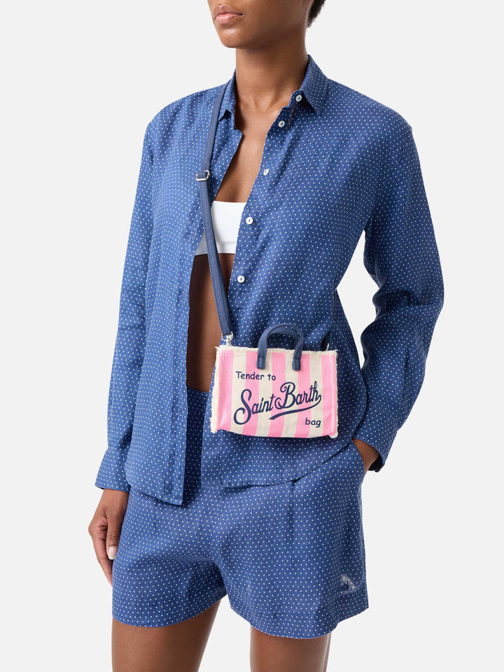 Bolso de lona Micro Phone con rayas blancas y rosas y logo en contraste 