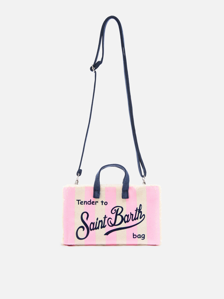 Bolso de lona Micro Phone con rayas blancas y rosas y logo en contraste 