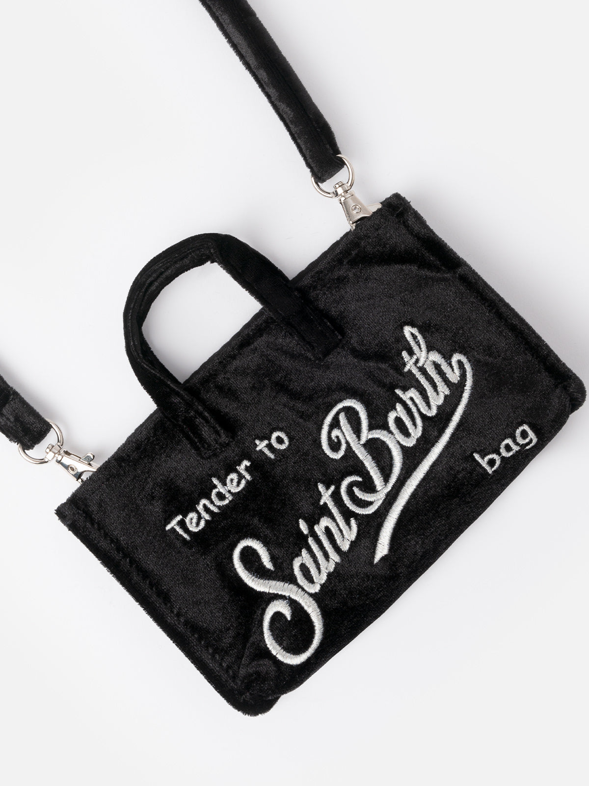 Schwarze Telefontasche aus Samt mit Saint Barth-Logostickerei