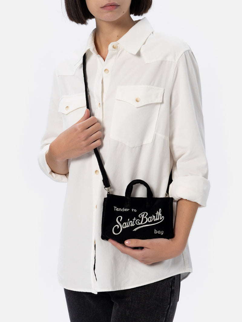 Black velvet Phone Bag with Saint Barth logo embroidery