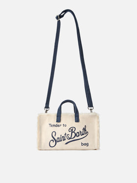 Borsa Phone micro in canvas bianco con dettagli blu e logo a contrasto