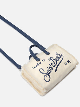 Borsa Phone micro in canvas bianco con dettagli blu e logo a contrasto