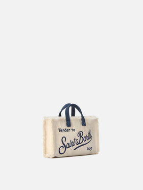 Borsa Phone micro in canvas bianco con dettagli blu e logo a contrasto