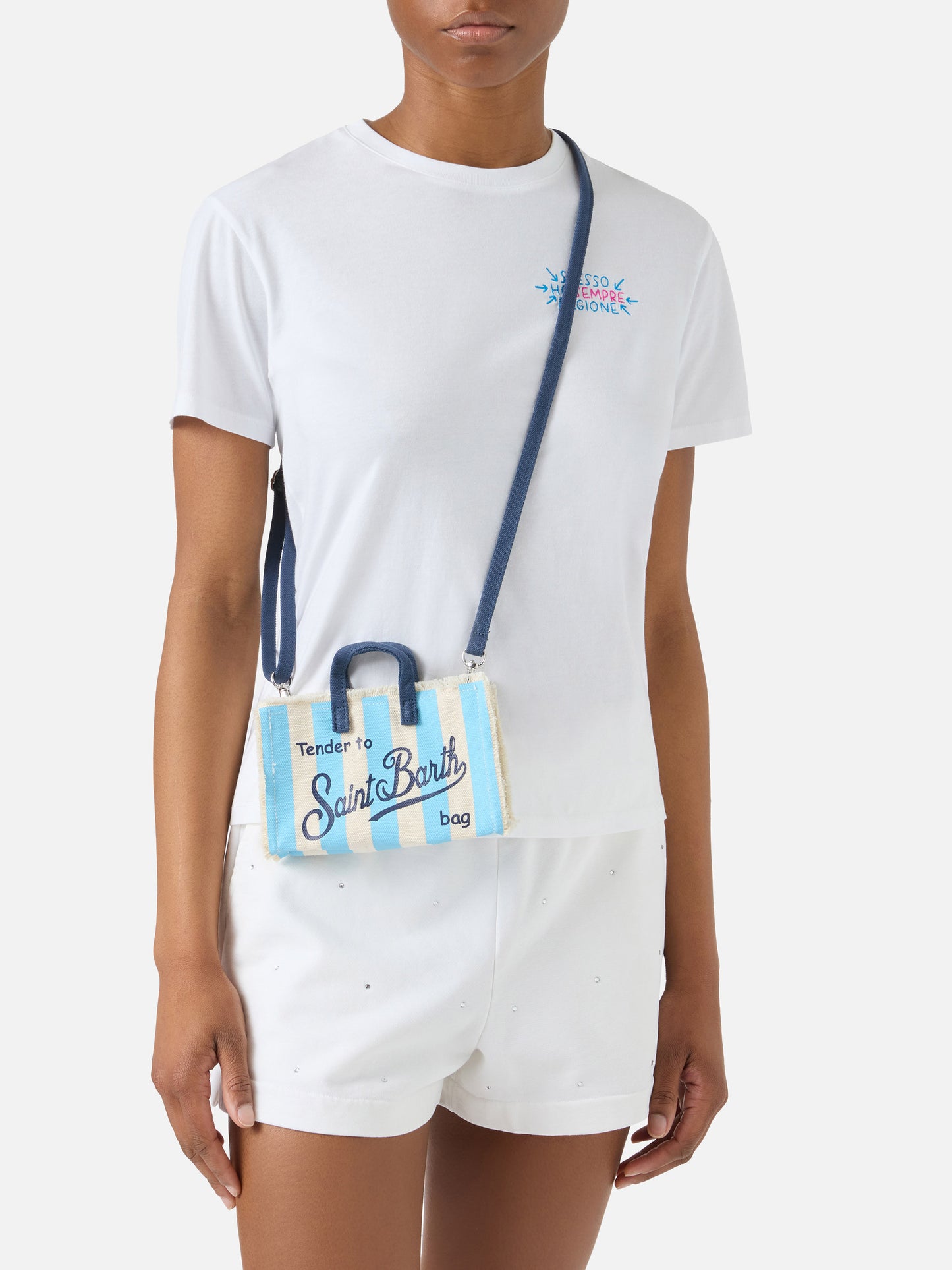 Bolso de lona Micro Phone con rayas blancas y azul claro y logotipo en contraste 