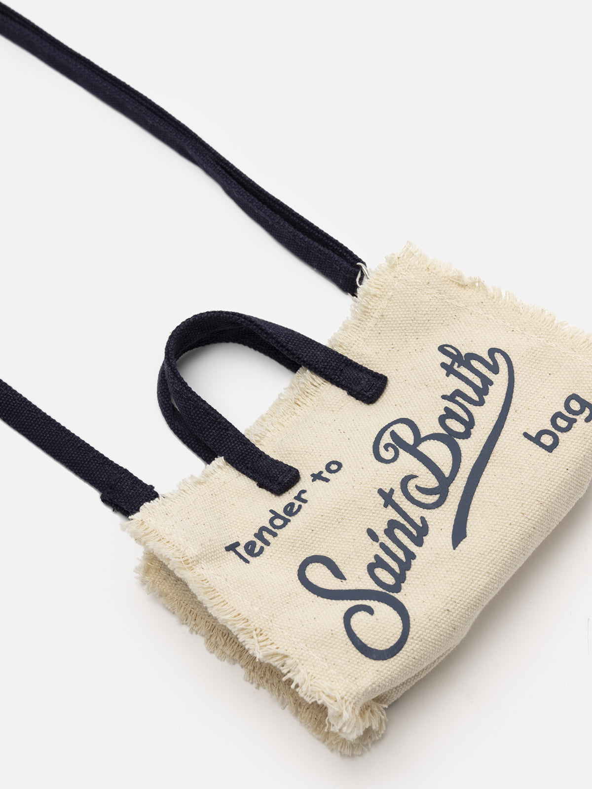 micro Phone canvas bag in white with blue details and contrasting logo