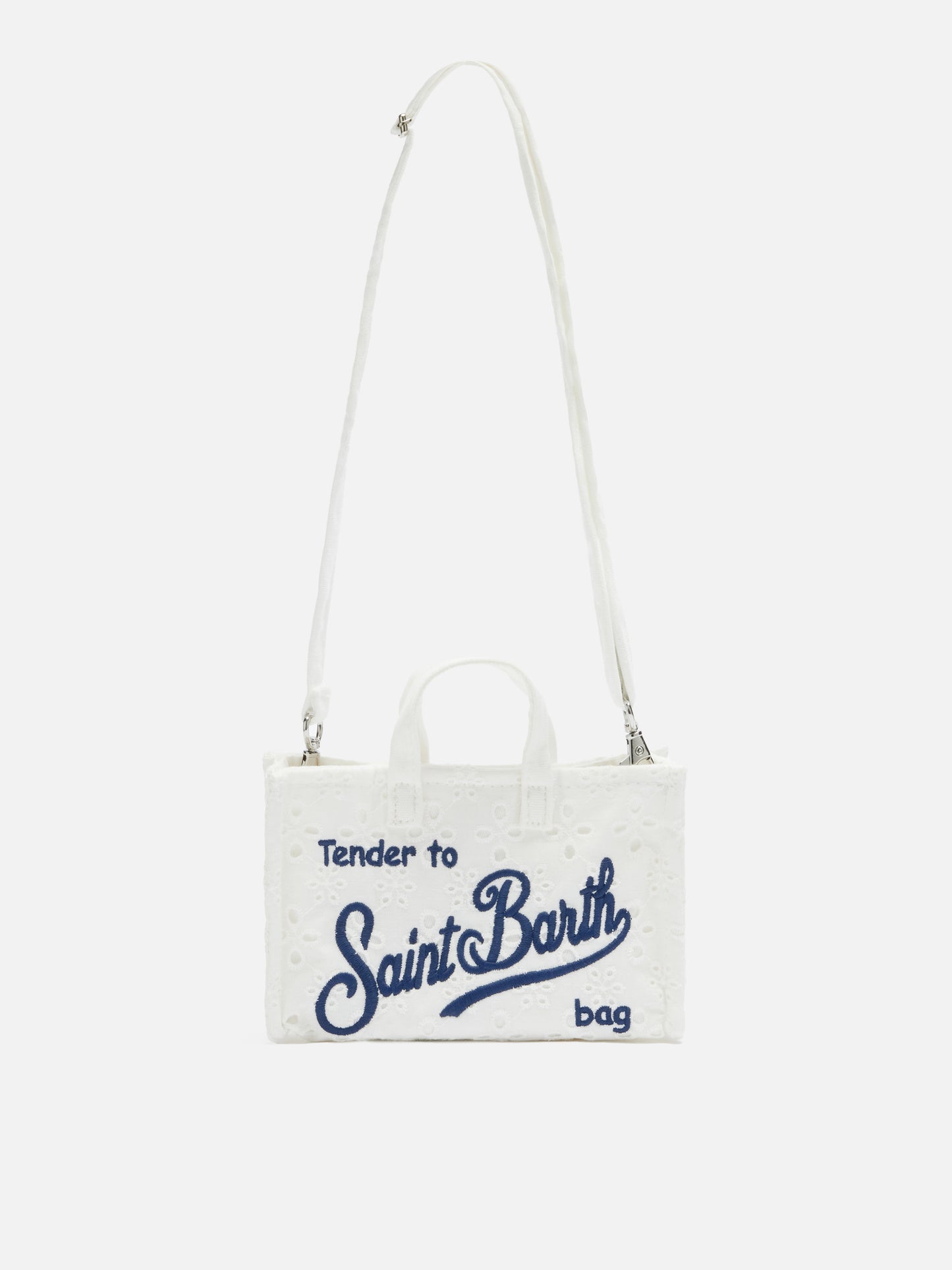 Weiße Mikro-Phone-Bag aus Broderie Anglaise mit gesticktem Logo 