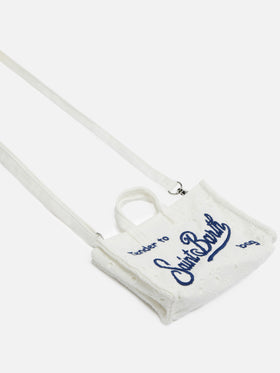 Weiße Mikro-Phone-Bag aus Broderie Anglaise mit gesticktem Logo 